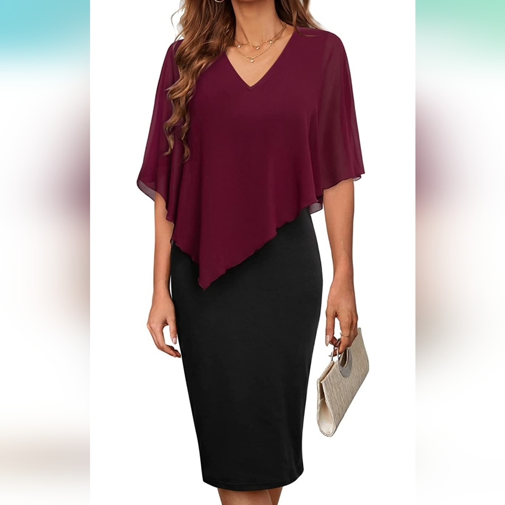 Women's V Neck Capelet Sleeve Chiffon Overlay Bodycon Knee Length Pencil Dress
